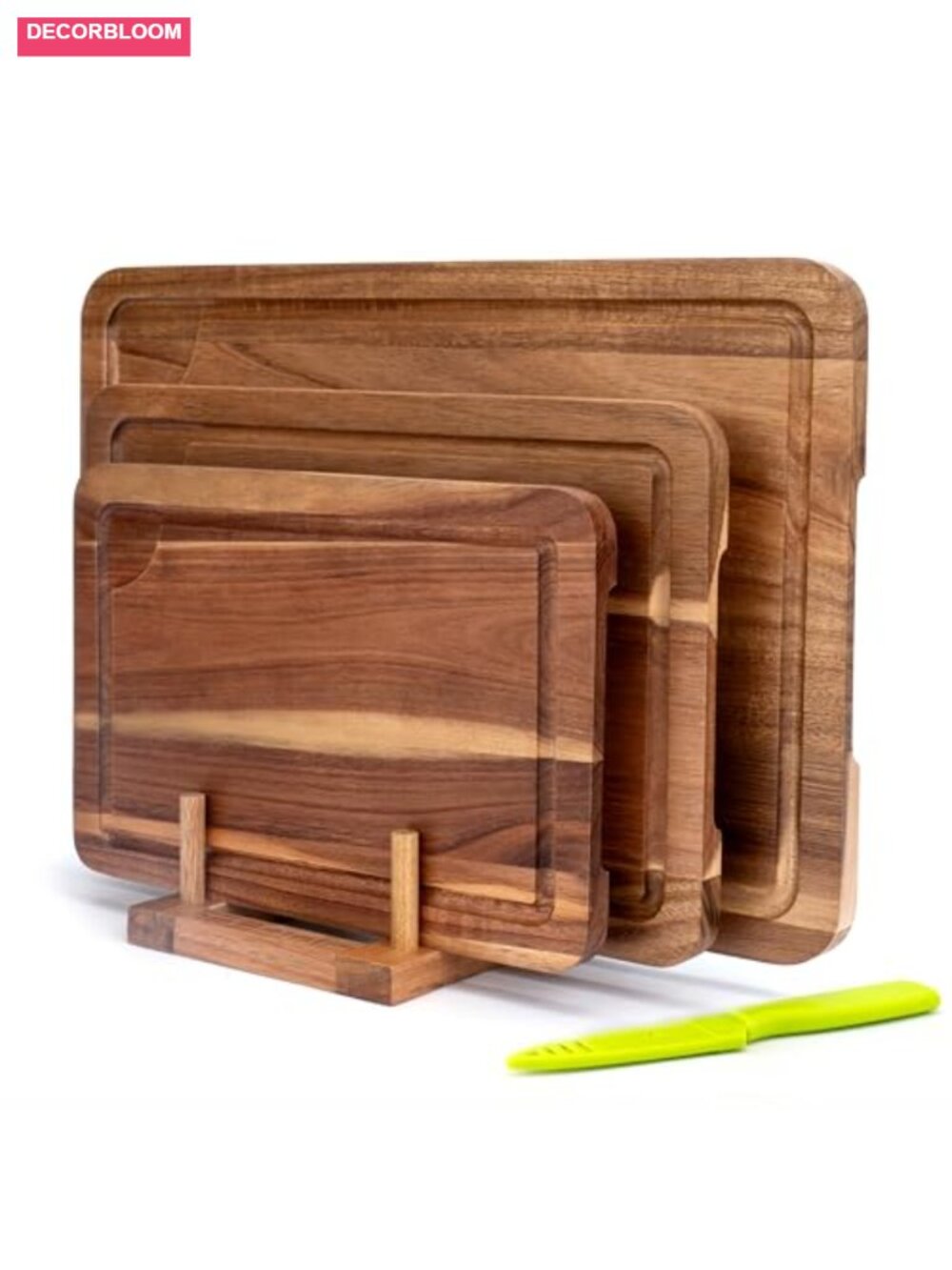 3-Piece Acacia Wood Cutting Board Set with Stand Juice Groove